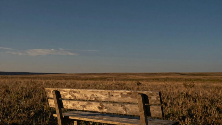 Photography of a solitary wooden bench overlooking a wide North American meadow at dusk, deep slate blue sky with faint golden light.