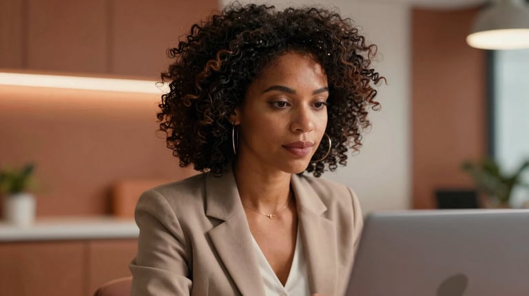 A close-up shot of a professional Afro-Latin American woman entrepreneur in a modern, sophisticated office with warm terracotta accents, looking confidently at a laptop.