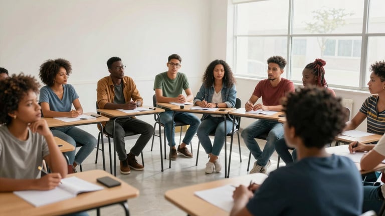 A group of activists in a bright Afro-Latin American classroom setting, participating in a workshop about human rights and racial justice.