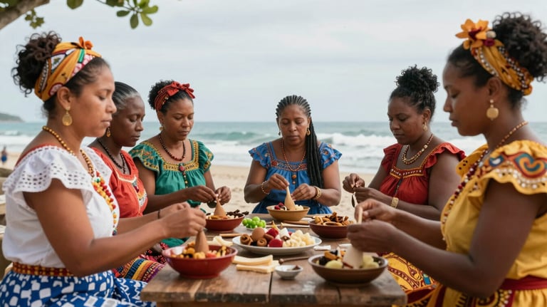 A woman-led cultural tourism group in a coastal Afro-Latin American community, engaging in a traditional craft or culinary experience.