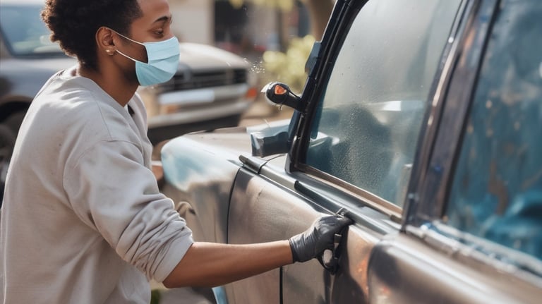 Close-up of a mobile bodyshop van parked at a customer's driveway.