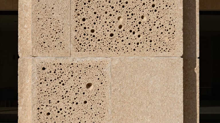 Detailed shot of a beige cantera stone wall, showcasing the porous texture and traditional Mexican hand-carved finishing in a modern architectural context.