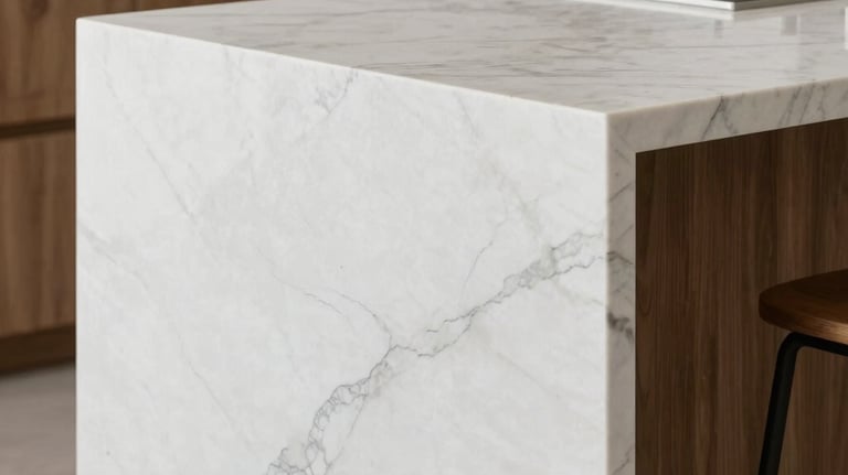Close-up view of a minimalist kitchen island made of solid white marble with gray veins, in a modern Mexican home with sleek wooden details.