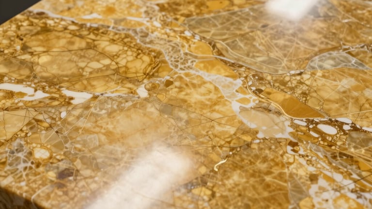 Close-up photography of a polished golden-hued marble slab, showing intricate natural patterns and a high-gloss reflective surface in a professional studio setting.
