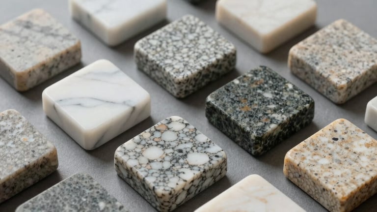 Artistic photography of different stone samples (marble, granite, limestone) arranged elegantly on a neutral gray surface, highlighting diversity in textures.
