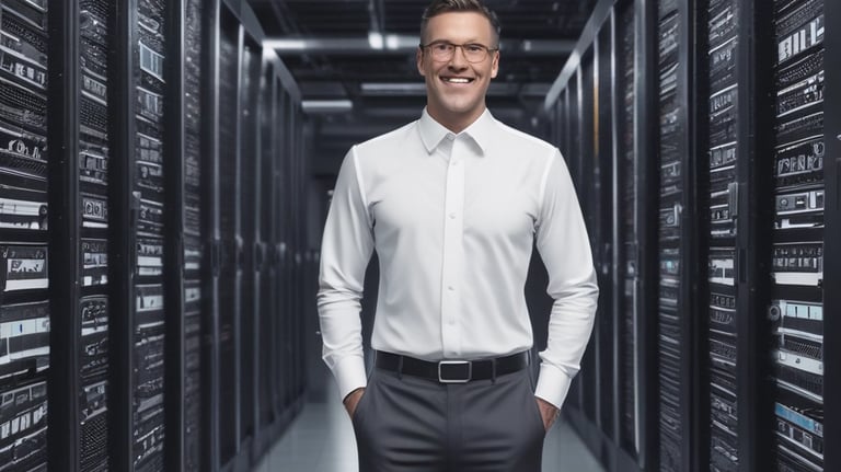 Close-up of server racks glowing softly with blue LED lights in a data center