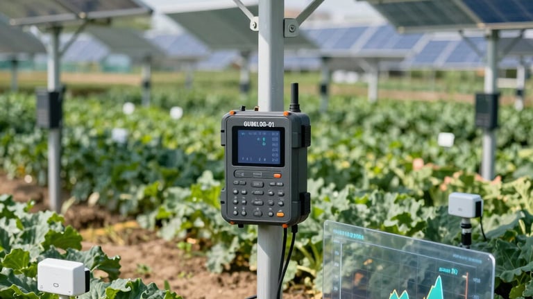 Smart agrivoltaics monitoring system with sensors and data dashboard in a solar-powered farm field.
