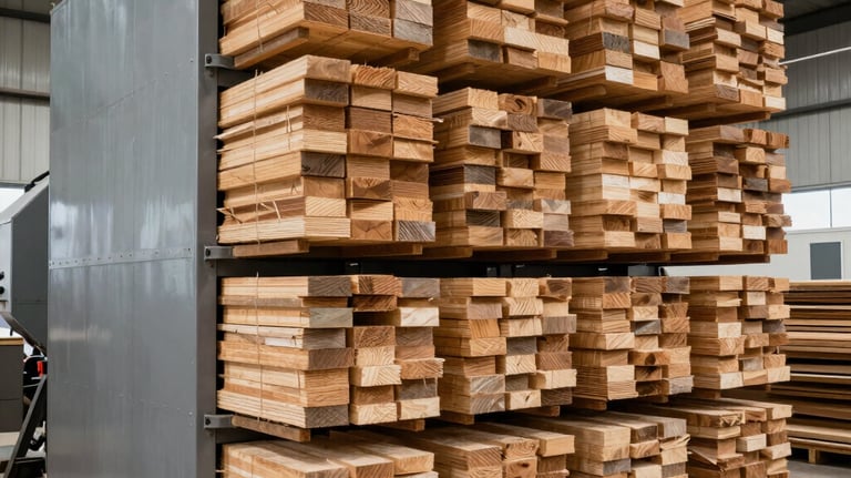 Stacks of natural pine lumber drying in a large industrial kiln for woodworking and construction.