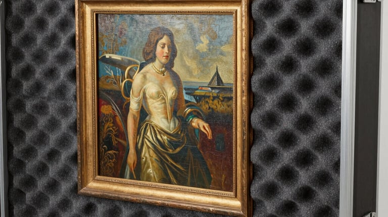 Framed oil painting of a woman secured in a protective foam-lined art transit flight case.