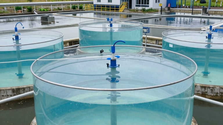 Industrial wastewater treatment facility featuring large circular clarification tanks with blue filtration systems.