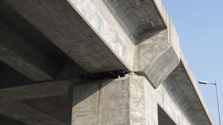 Low angle view of a reinforced concrete highway bridge structure with support pillars and beams.