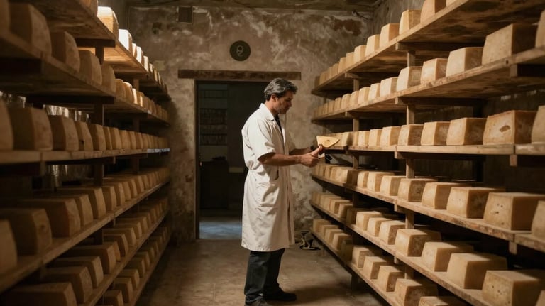 A professional cheesemaker inspecting aging artisanal cheese wheels on wooden shelves in a cellar.