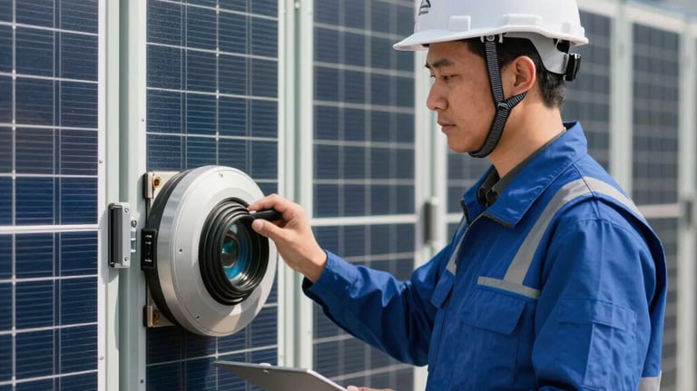 Professional photography of a technical engineer in a white hard hat and blue vest standing in front of a bank of solar inverters, East Asian / International Business setting, bright midday sun.