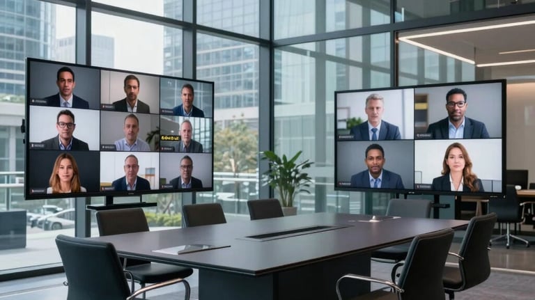 Photography of an elegant glass-walled conference room in an international business hub, showing a high-tech video conferencing setup and minimalist furniture, blue and slate color palette.