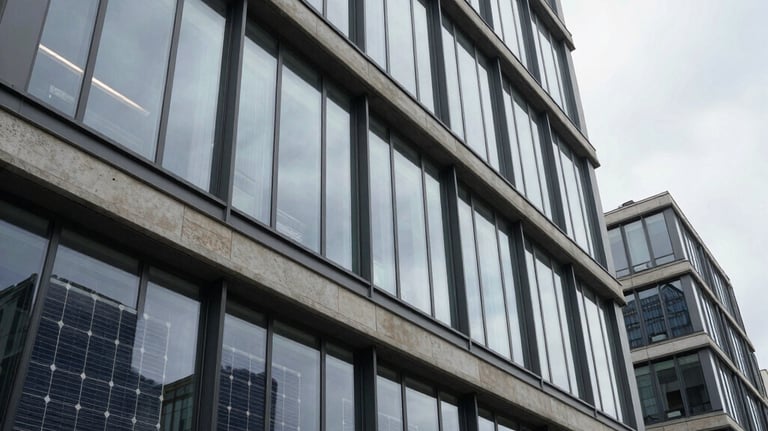 Wide-angle photography of a contemporary office building in a European business district featuring large solar glass windows, soft overcast lighting, professional aesthetic.