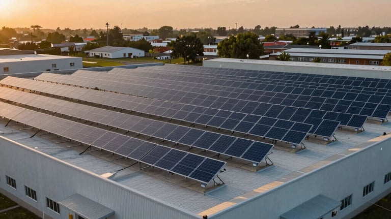 Photography of a large-scale commercial solar installation on the roof of a logistics center in a North American suburban setting, sunset lighting with warm amber tones.