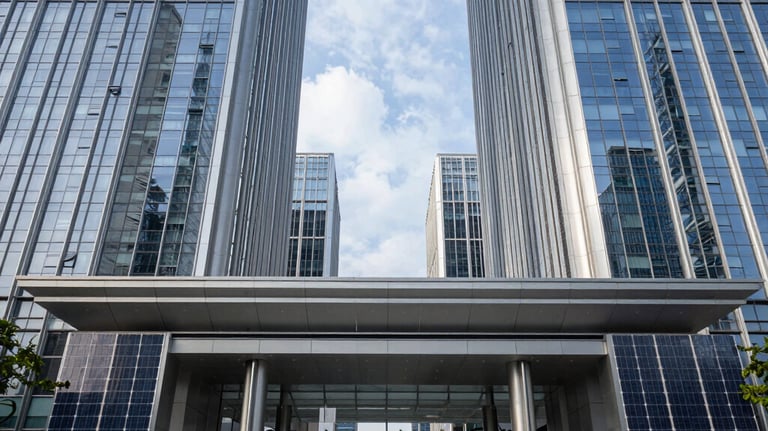 Photography of the grand entrance of a modern technology park in Shenzhen, sleek architecture with integrated solar facades, East Asian / International Business, clean and authoritative style.