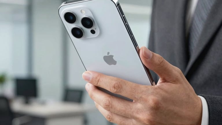 Close-up photography of a professional business person's hand holding a high-end smartphone with a modern corporate office background, East Asian / International Business, focus on sleek glass and metal materials.