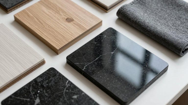 Top-down shot of high-end design samples: white oak, black stone, and gray fabrics on a white surface, reflecting Miami interior design trends.