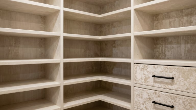 A luxurious custom walk-in closet in a North American / Miamian home featuring ivory shelving, soft velvet accents, and refined black metal hardware.