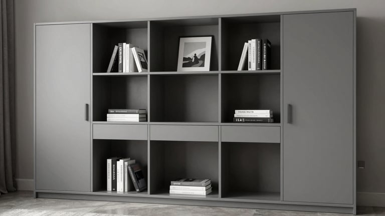 A high-end home office storage solution in a Miami residence, featuring sleek gray cabinetry and minimalist open shelving with luxury art books.