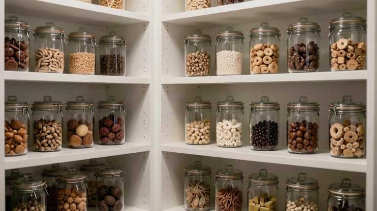 An organized pantry system with clean lines, white shelving, and high-end glass storage jars in a North American / Miamian luxury home setting.