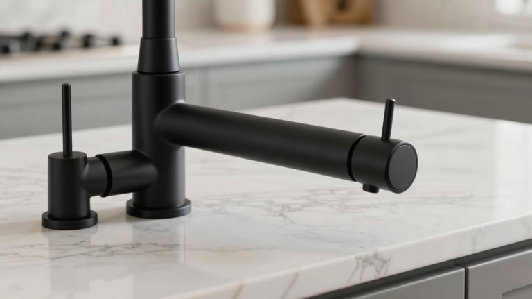 Close up of luxury black matte kitchen hardware and white marble countertop in a bright Miami kitchen, editorial photography style.