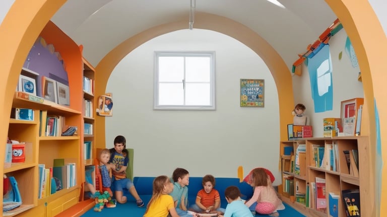 a group of children sitting on a blue rug