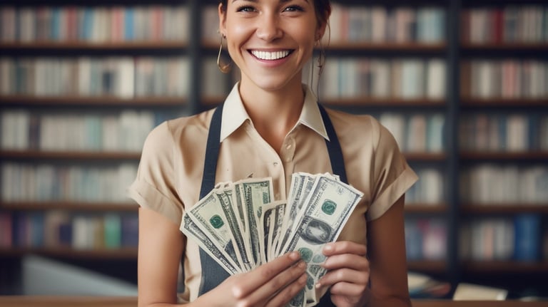 A smiling American business owner handing over payroll documents to a team member.