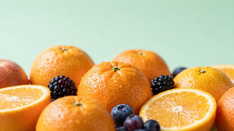 Close-up of fresh seasonal citrus fruits and berries, glistening with light moisture. The composition is vibrant and professional, emphasizing health and premium quality. Background colors lean towards #EBF3EE.