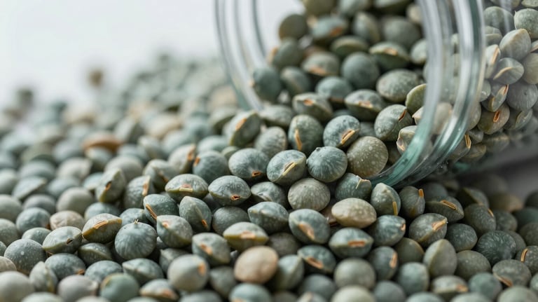 A detailed shot of high-quality organic pulses and beans being poured into a container. The focus is sharp, showcasing the uniformity and quality of the product. Colors include #8BA89D and #2D5C5A tones.