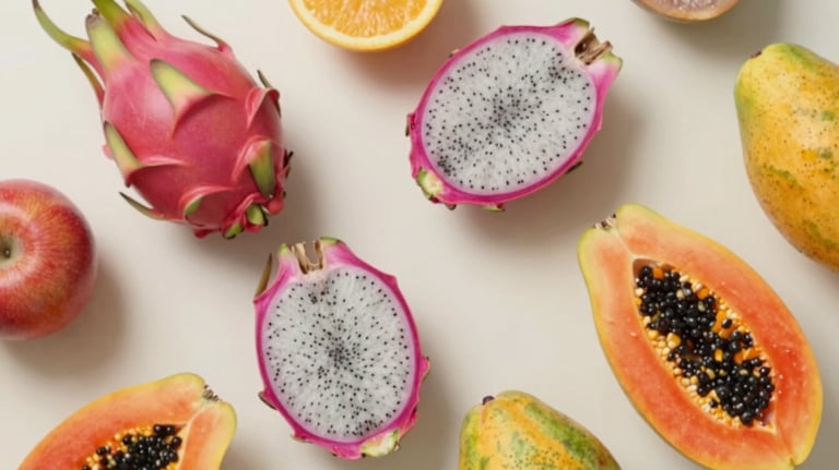 A top-down, artistic arrangement of diverse exotic fruits like dragonfruit and papaya on a clean, light surface. The lighting is natural and bright, highlighting the vibrant textures against the #EBF3EE background.