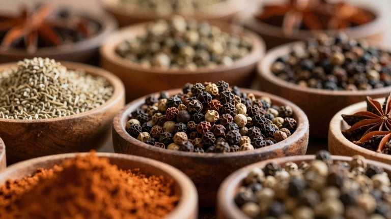Close-up of various dried spices and peppercorns in wooden bowls. The lighting is warm and detailed, highlighting textures and deep earthy tones consistent with the #2D5C5A brand palette.
