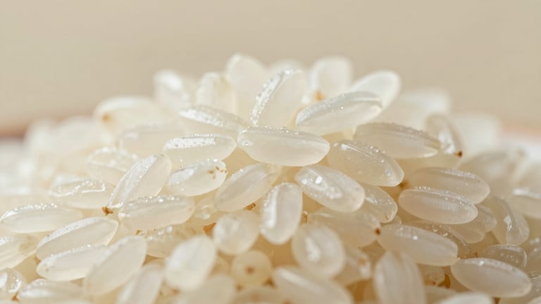 A macro shot of premium long-grain rice. The lighting is soft and professional, highlighting the ivory color and uniform shape of the grains against a #8BA89D background.