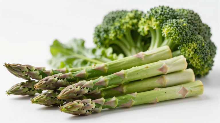 A clean, studio photograph of fresh green vegetables like asparagus and broccoli, arranged neatly. The lighting is bright and emphasizes the crispness and health of the produce.