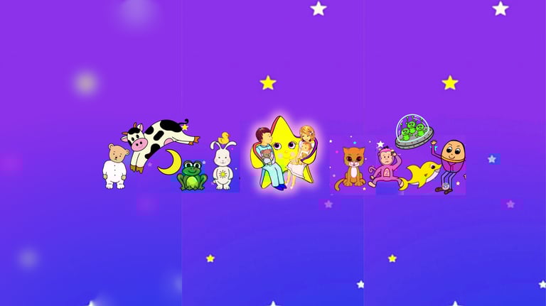 Original VoxKids hand-drawn nursery rhyme characters including Twinkle Twinkle Little Star, cow over
