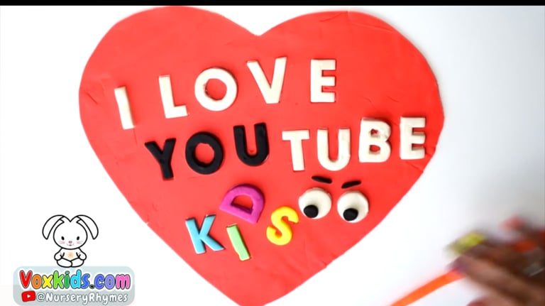 Play-Doh heart with “I Love YouTube Kids” linking to the MyVoxSongs nursery rhymes and phonics YouTu