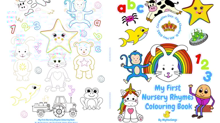 VoxKids nursery rhyme characters Five Little Monkeys, Twinkle Twinkle Little Star and cow over the m