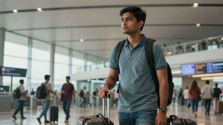 An image of a South Asian / Indian student standing with luggage at an airport, looking forward toward a modern terminal, representing their departure for medical studies.