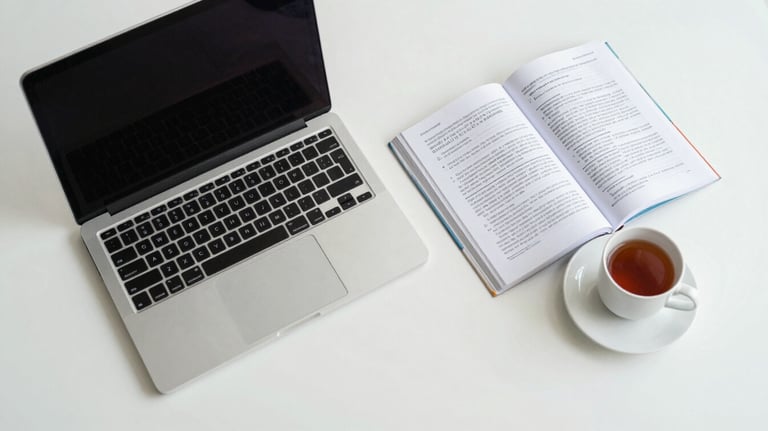 A top-down view of a South Asian / Indian student's desk featuring a laptop, a medical textbook, and a cup of tea, in a clean, minimal mist white room.