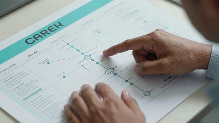 A close-up shot of a professional South Asian / Indian counselor's hands pointing at a career roadmap during a consultation, with ocean teal highlights.