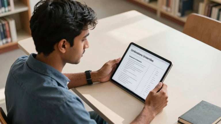 A high-angle photograph of a South Asian / Indian student reviewing a list of international universities on a tablet in a modern, sunlit library.