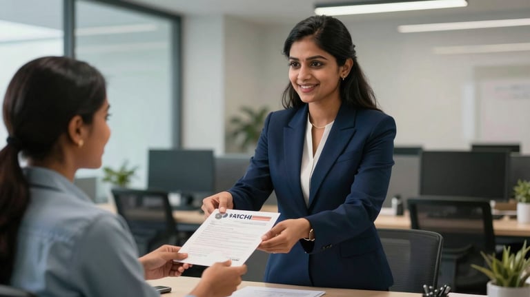A professional South Asian / Indian woman in a deep midnight blue blazer handing over a stamped visa document to a happy student in a modern office.