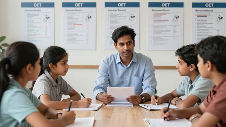 A classroom setting where a South Asian / Indian tutor is teaching a small group of students for the OET exam, with professional medical charts on the wall.