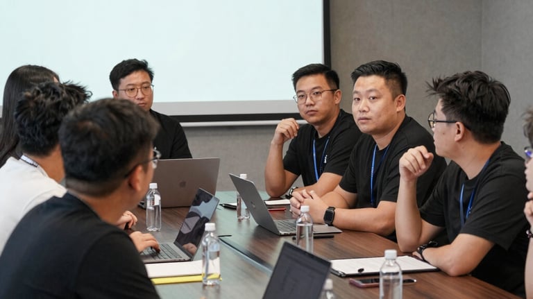 A collaborative meeting between brand representatives and influencers discussing campaign ideas.