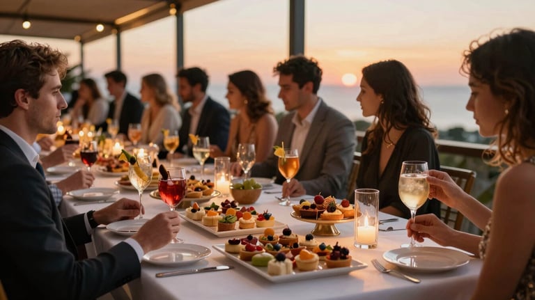 A stylish cocktail reception setting with high tables, where guests enjoy sophisticated appetizers. The lighting is warm and festive, with a view of a Portuguese sunset in the distance.
