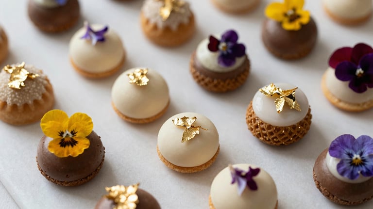 Detail shot of a dessert table featuring traditional Portuguese sweets presented with a modern twist, garnished with gold leaf and edible flowers.