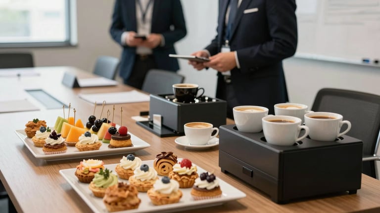 A professional coffee break setup for a corporate event, featuring mini pastries, fresh fruit skewers, and gourmet coffee service in a bright, modern conference room.