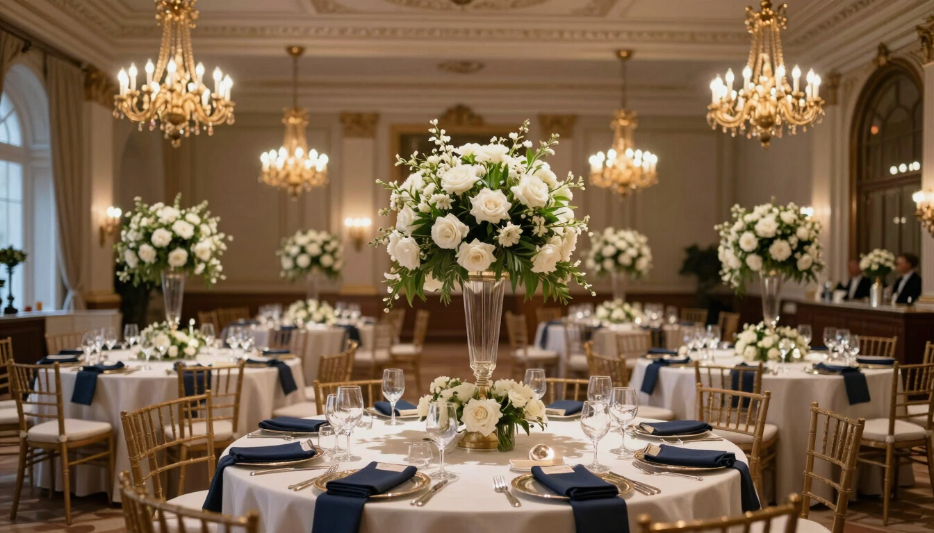A grand gala dinner setup inside a magnificent hall with high ceilings and gold chandeliers. Round tables decorated with white floral arrangements and dark blue napkins. Europeu / Português context.