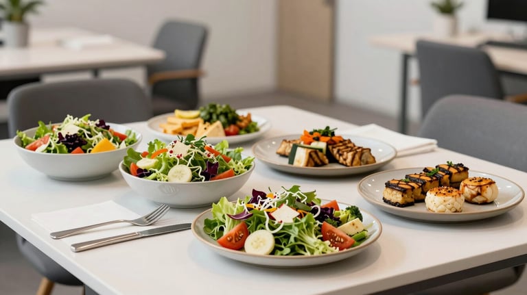 A corporate lunch spread with healthy, vibrant salads and grilled delicacies served in a minimalist, light-filled office space in Portugal.